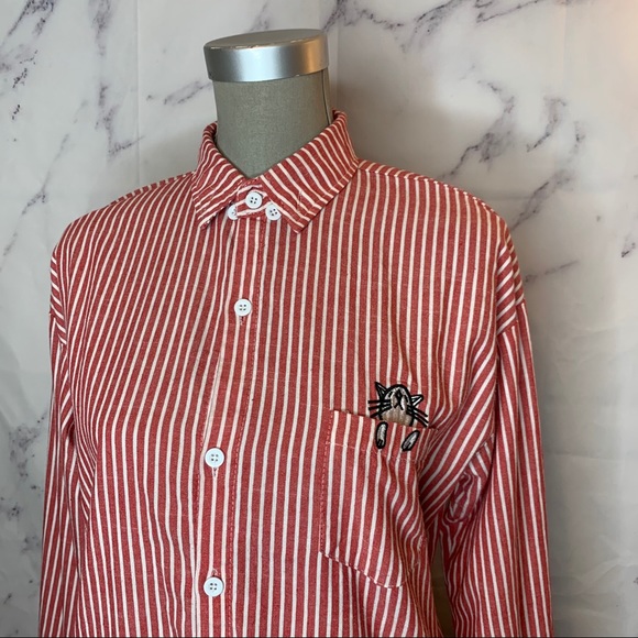 Vintage | Pocket Kitty Red & White Striped Button-Down Shirt - Picture 2 of 9